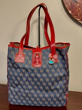 Dooney & Bourke Vintage Signature Blue Denim & Red Leather Extra Large Tote Bag